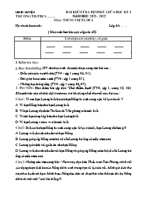 Bài kiểm tra định kỳ giữa học kỳ I môn Tiêng Viêt Lơp 4 - Năm học 2021-2022